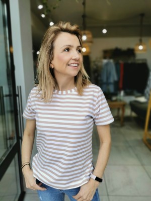 T-shirt z wysokogatunkowej bawełny w biało-beżowe paski Beige&White