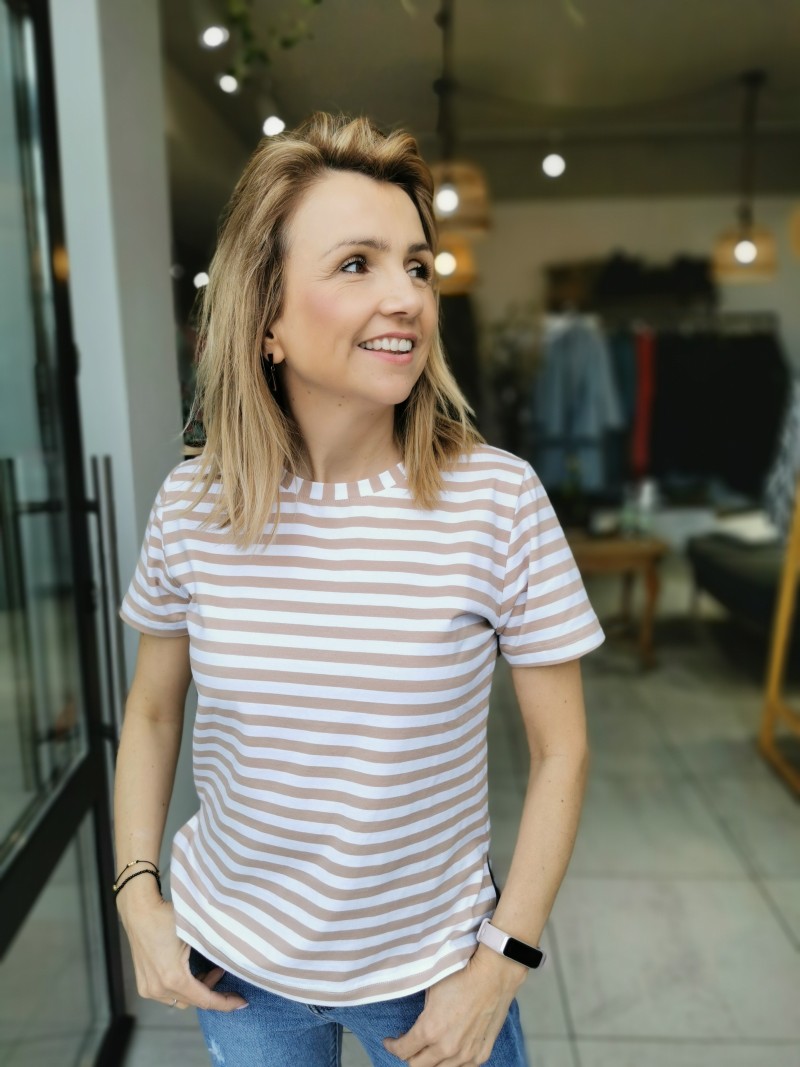 Miniatura produktu T-shirt z wysokogatunkowej bawełny w biało-beżowe paski Beige&White
