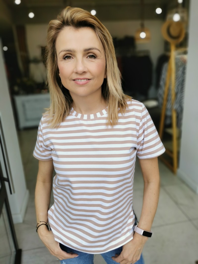 Miniatura produktu T-shirt z wysokogatunkowej bawełny w biało-beżowe paski Beige&White