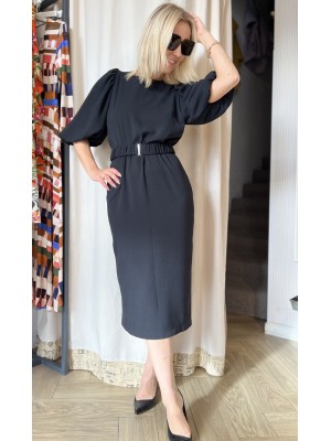 Czarna Sukienka Midi z bufiastymi rękawami 3/4 Karla Black