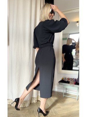 Czarna Sukienka Midi z bufiastymi rękawami 3/4 Karla Black