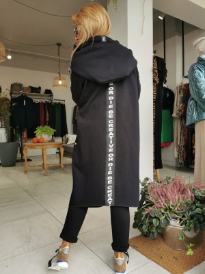 Czarny Bawełniany Płaszcz z kapturem i lampasem na plecach David Black&Creative