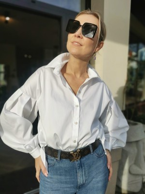 Biała Koszula Bawełniana z kołnierzykiem i bufiastymi rękawami Megan White