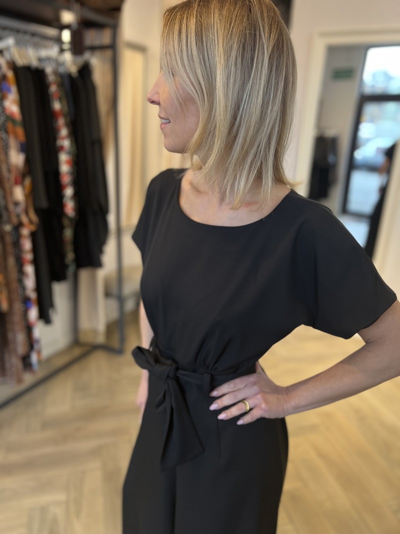 Miniatura produktu Czarny Kombinezon Damski z szerokimi nogawkami i wiązaniem w talii Fryne Black