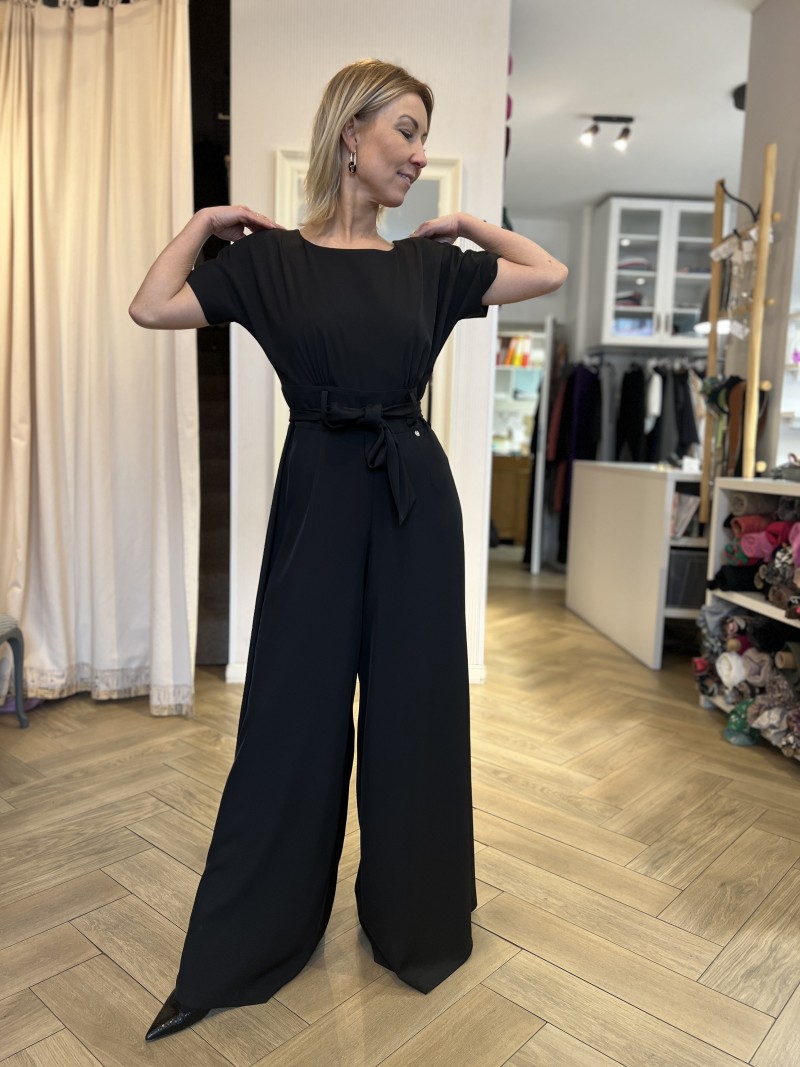 Miniatura produktu Czarny Kombinezon Damski z szerokimi nogawkami i wiązaniem w talii Fryne Black