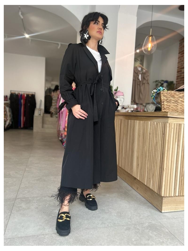 Miniatura produktu Czarny długi Płaszcz typu trencz z paskiem, kołnierzem i zapięciem na guziki Creo Black