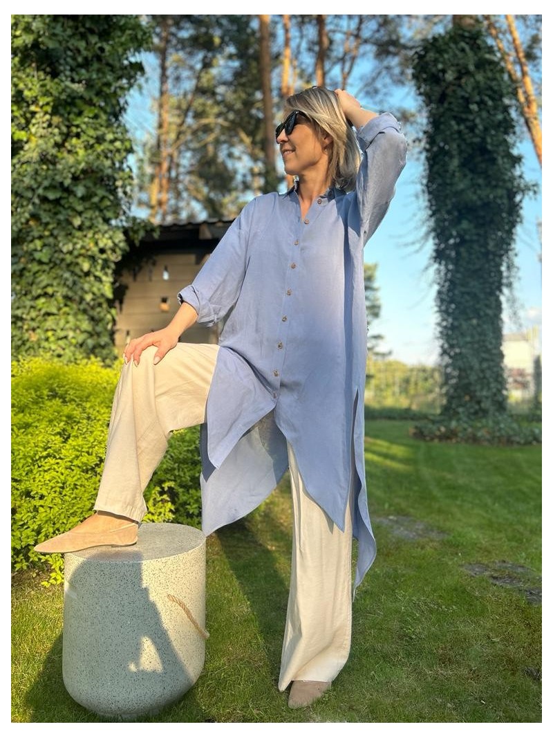 Miniatura produktu Niebieska Koszula z wiskozy i lnu asymetryczna z ozdobnym tyłem Ocean Len Blue