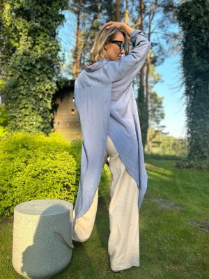 Niebieska Koszula z wiskozy i lnu asymetryczna z ozdobnym tyłem Ocean Len Blue