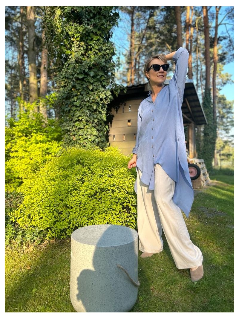 Miniatura produktu Niebieska Koszula z wiskozy i lnu asymetryczna z ozdobnym tyłem Ocean Len Blue