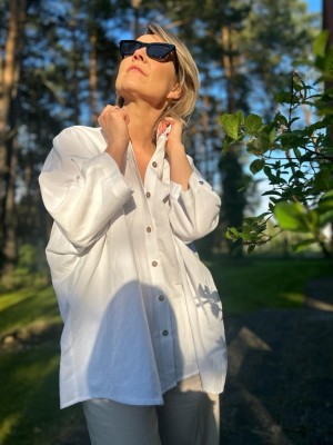 Biała Wiskozowa Koszula z lnem i rękawem kimonowym Ella Len&White