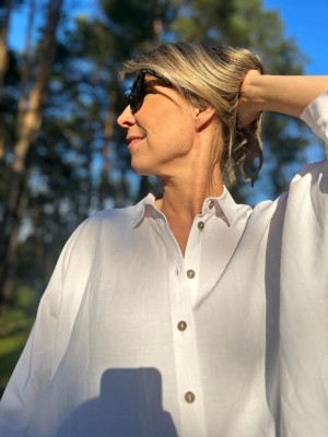 Biała Wiskozowa Koszula z lnem i rękawem kimonowym Ella Len&White