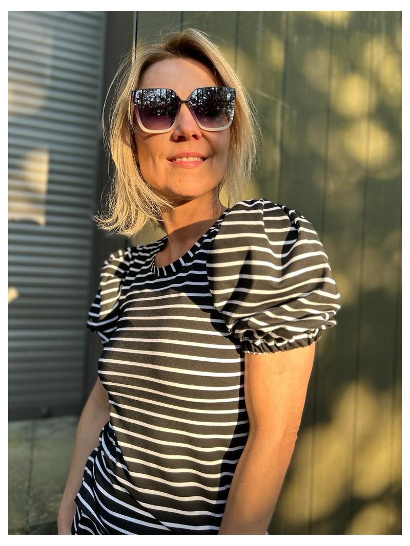 Miniatura produktu Wiskozowa Bluzka w paski z krótkim bufiastym rękawem Bufki B&W