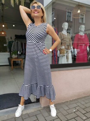 Wiskozowa Sukienka midi w czarno-białe paski i z falbaną Freya B&W Strips