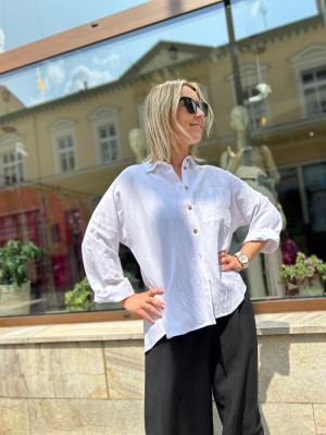 Wiskozowo-lniana Koszula biała z rękawem 3/4 Perla White&Len
