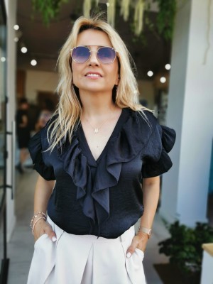 Damska Bluzka na krótki rękaw z falbanami w kolorze czarnym Maroko Black