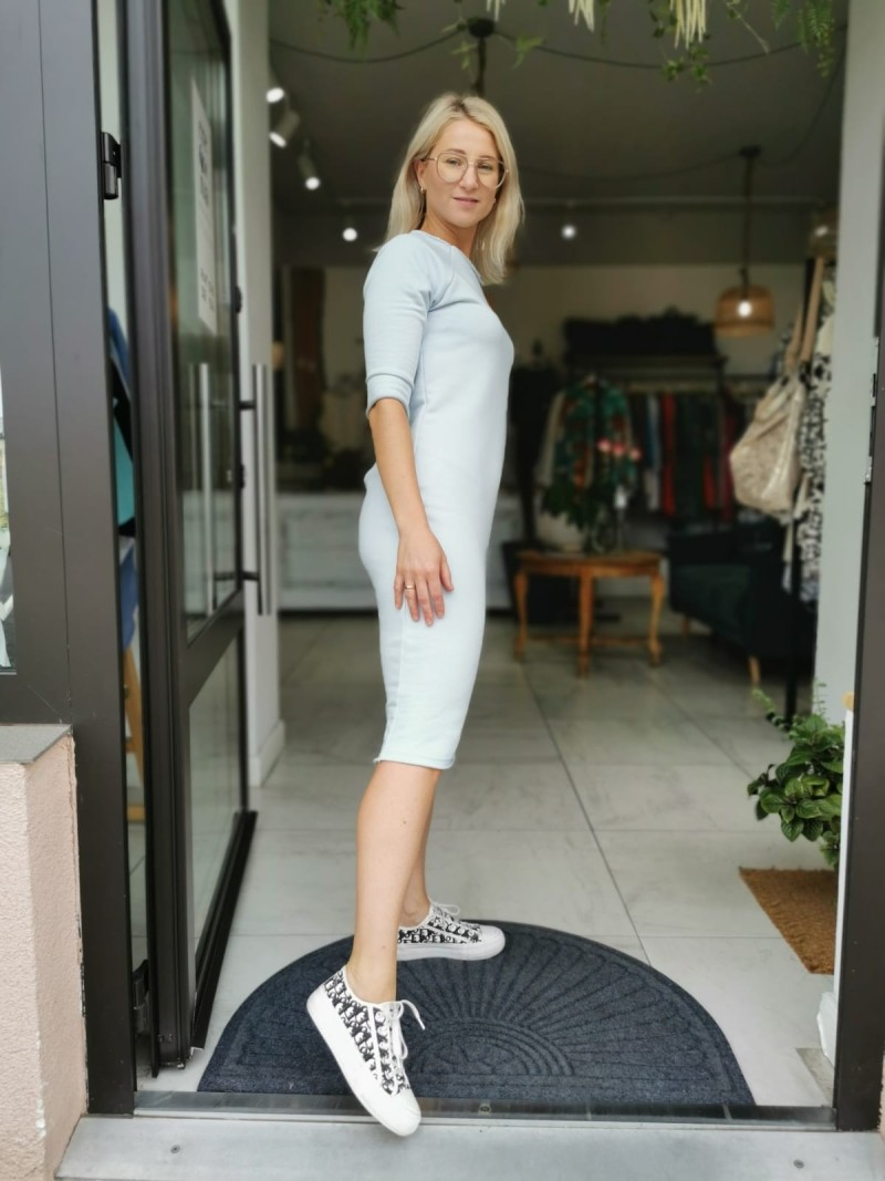 Miniatura produktu Błękitna dopasowana Sukienka Midi z rękawkami i dekoltem w łódkę Line Iight Blue