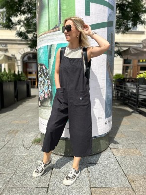 Czarne wiskozowo-lniane Ogrodniczki na lato z kieszeniami Black Len