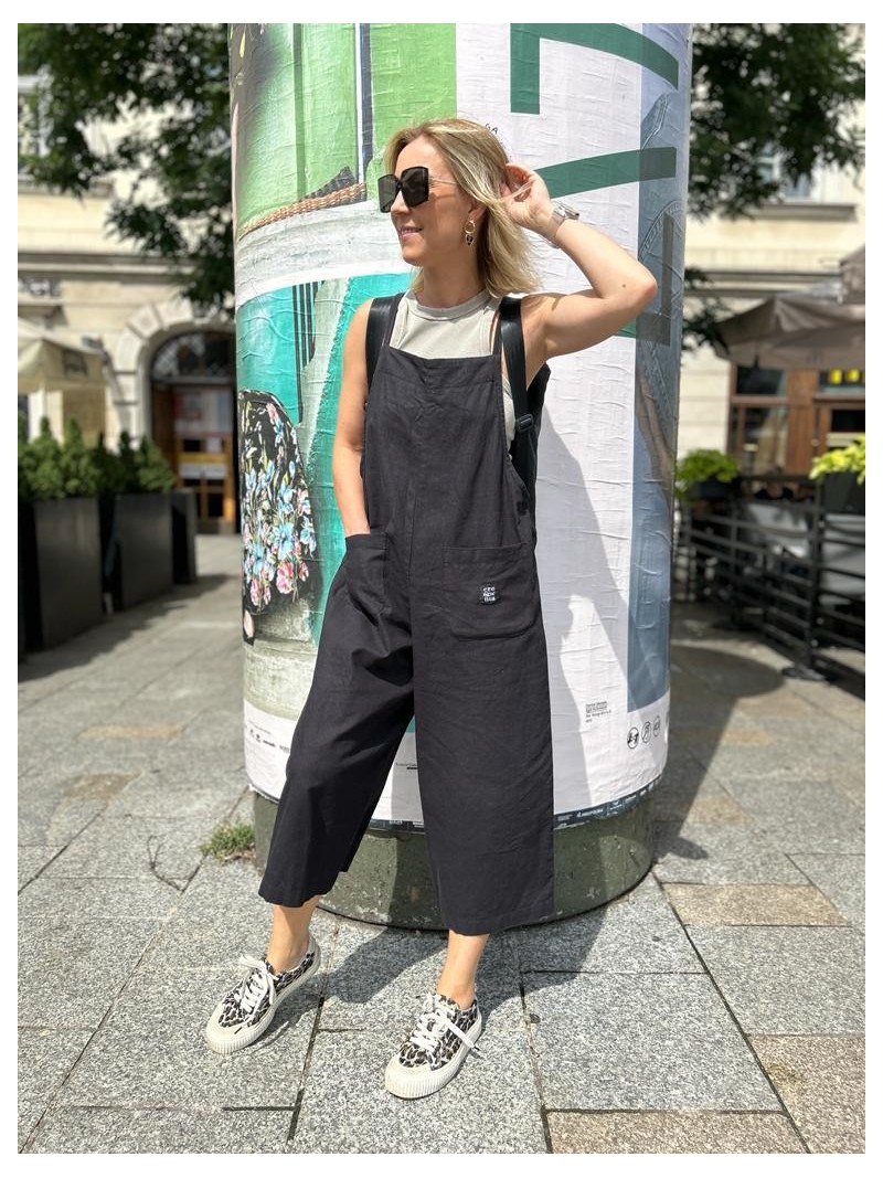 Miniatura produktu Czarne wiskozowo-lniane Ogrodniczki na lato z kieszeniami Black Len