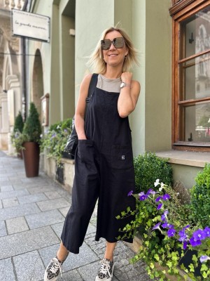 Czarne wiskozowo-lniane Ogrodniczki na lato z kieszeniami Black Len