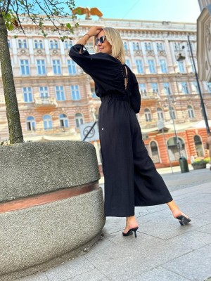 Czarny Wiskozowy Kombinezon z ozdobnym wiązaniem na plecach Triss Black