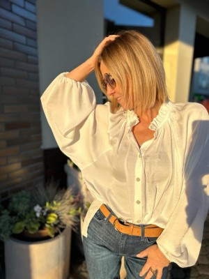 Luźna Koszula ze stójką i bufiastymi rękawami w kolorze białym Sally White