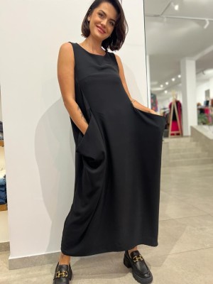 Czarna Sukienka maxi bez rękawów z ozdobnymi kieszeniami Supra Black