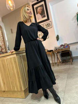Gładka, długa Sukienka z falbanami w kolorze czarnym Black