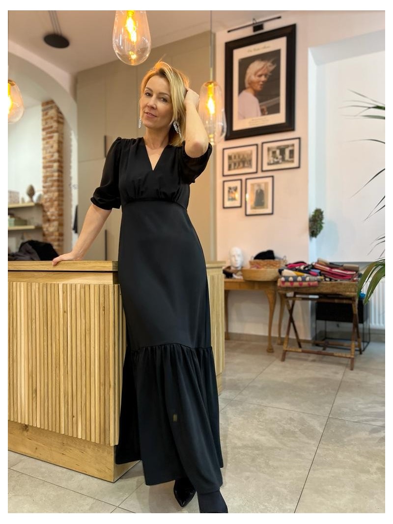 Miniatura produktu Czarna Sukienka Długa z rękawkiem 3/4, falbanami i wiązaniem Elen Black