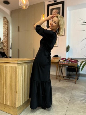 Czarna Sukienka Długa z rękawkiem 3/4, falbanami i wiązaniem Elen Black