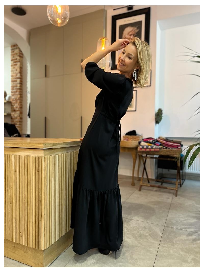 Miniatura produktu Czarna Sukienka Długa z rękawkiem 3/4, falbanami i wiązaniem Elen Black