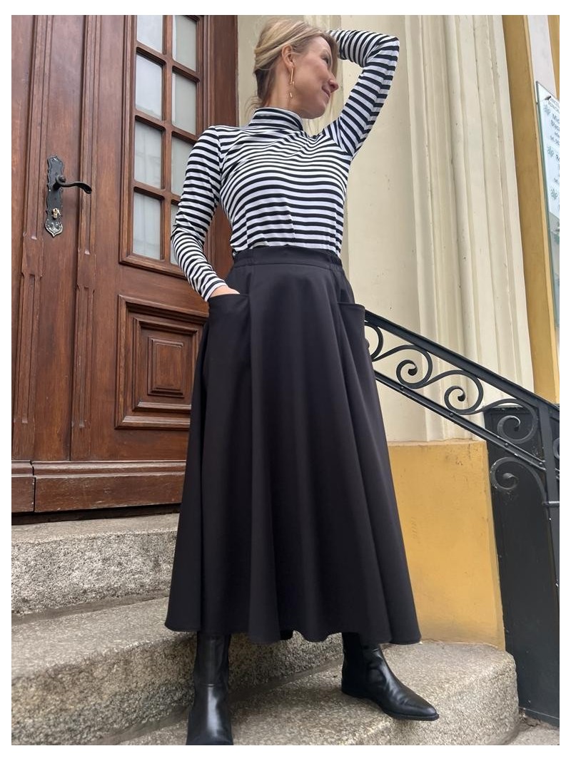 Miniatura produktu Długa czarna spódnica midi rozkloszowana z kieszeniami Cango Black