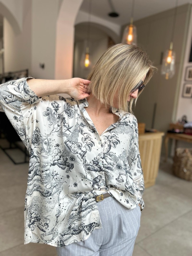 Miniatura produktu Wzorzysta Wiskozowa Koszula z beżowo-czarną grafiką Ella Horoscop