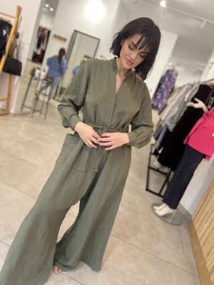 Zielony Kombinezon Wiskozowy z lnem wiązany w talii Justin Len&Green