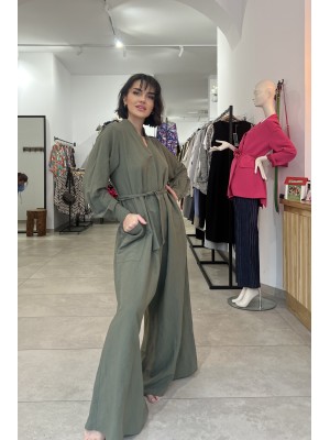 Zielony Kombinezon Wiskozowy z lnem wiązany w talii Justin Len&Green