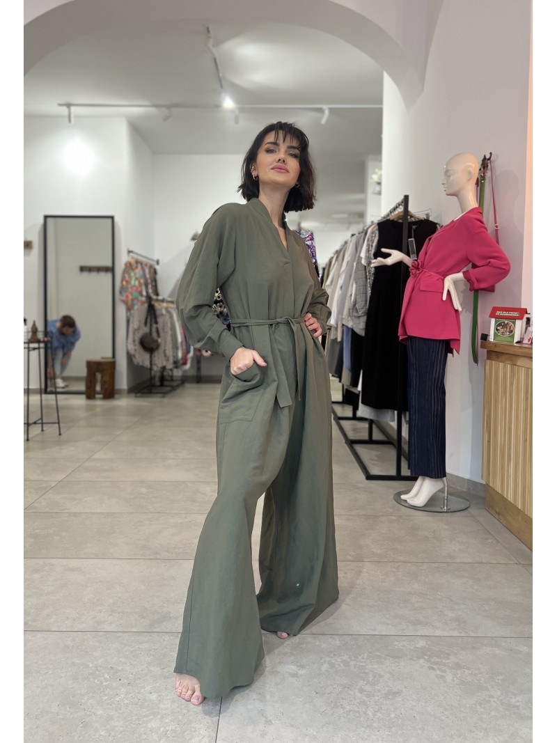 Miniatura produktu Zielony Kombinezon Wiskozowy z lnem wiązany w talii Justin Len&Green