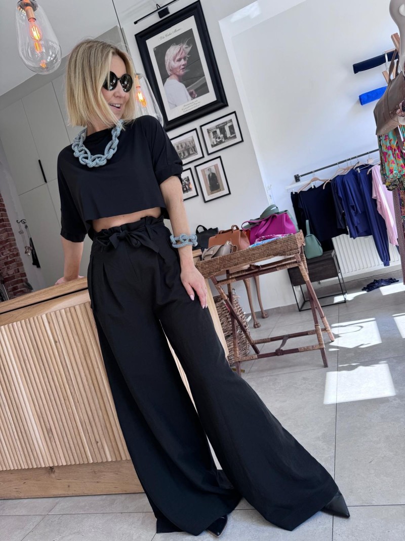 Miniatura produktu Wiskozowe-lniane Spodnie z szerokimi nogawkami w kolorze czarnym Paris Black&Len