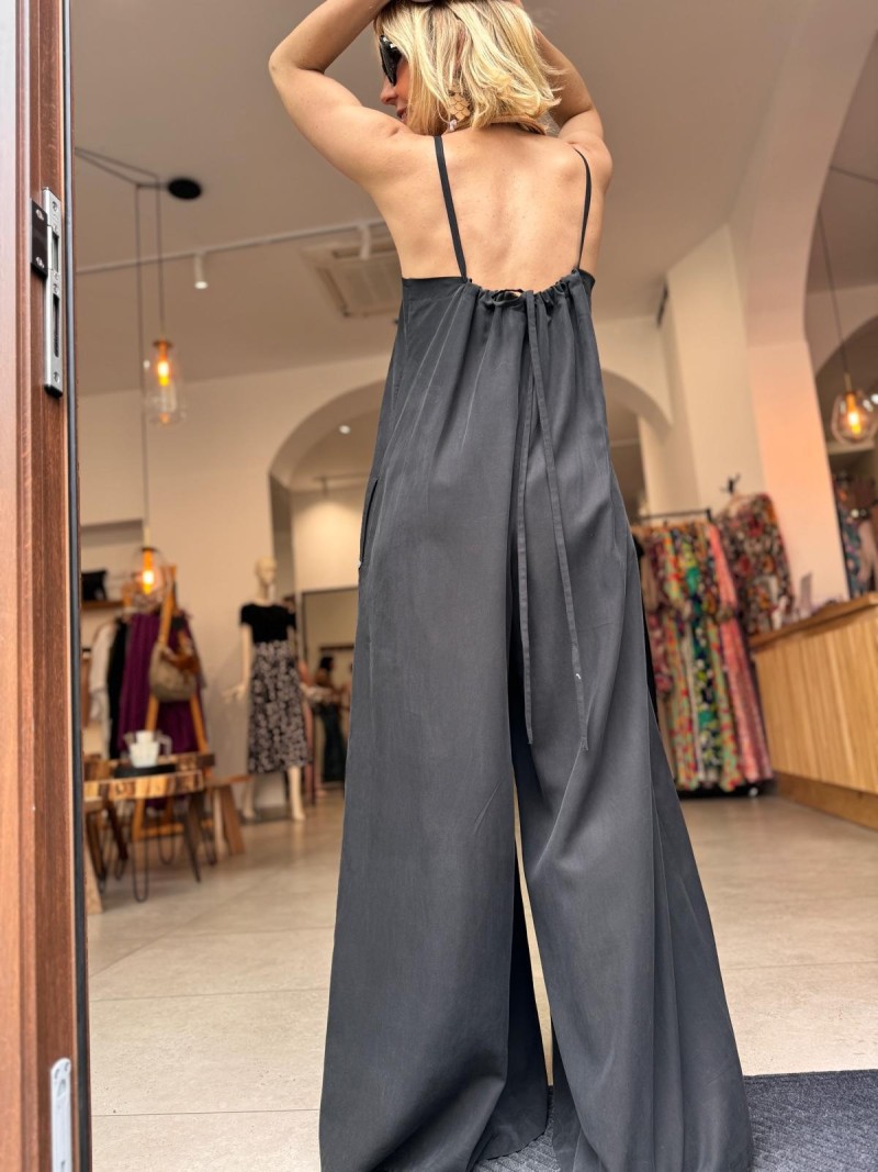 Miniatura produktu Wiskozowy czarny Kombinezon z lnem z wiązaniem na plecach i szeroką nogawką Bali Black