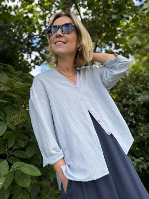 Niebieska Koszula Wiskozowa z lnem o kroju rękawów 3/4 Melia Ice Blue