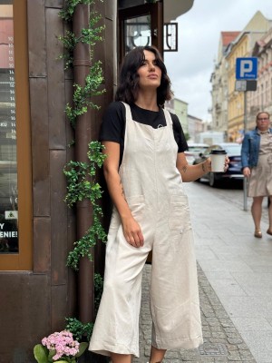 Beżowe Ogrodniczki z wiskozy i lnu z kieszeniami Beige Len