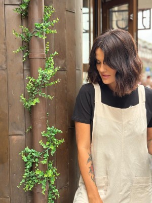 Beżowe Ogrodniczki z wiskozy i lnu z kieszeniami Beige Len