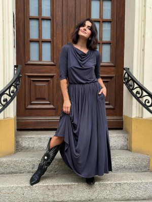 Dzianinowa Sukienka Maxi w grafitowym odcieniu z marszczeniem na dekolcie Ramona Graphite
