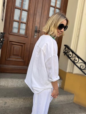 Biała Wiskozowa Koszula z lnem i rękawami 3/4 w stylu kimono Melia White