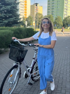 Niebieskie wiskozowo-lniane Ogrodniczki na lato z kieszeniami Blue Len