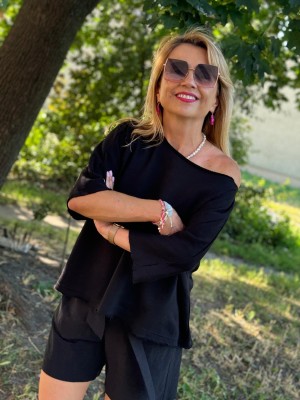 Czarna bawełniana Bluza asymetryczna z rękawem 3/4 Pure Black