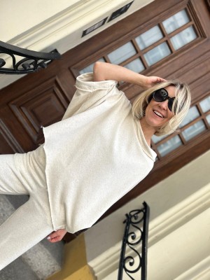 Beżowa Bawełniana Bluza o kroju kimono asymetryczna Butterfly Beige&Konopie