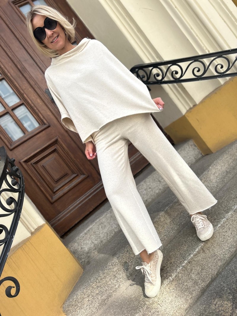 Miniatura produktu Beżowe Spodnie Culoty 7/8 z kieszeniami i postrzępionymi nogawkami Midi Beige&Konopie