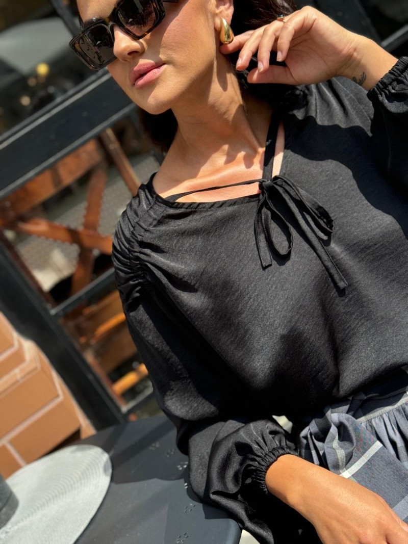 Miniatura produktu Czarna Bluzka z wiązanym ściągnięciem i długim rękawem Bethany Black