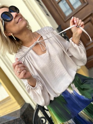 Kremowa Bluzka z wiązanym ściągnięciem i długim rękawem Bethany Creme