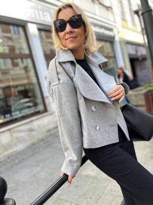 Szary płaszcz krótki wełniany z kieszeniami i zapięciem na guziki London&Grey Short