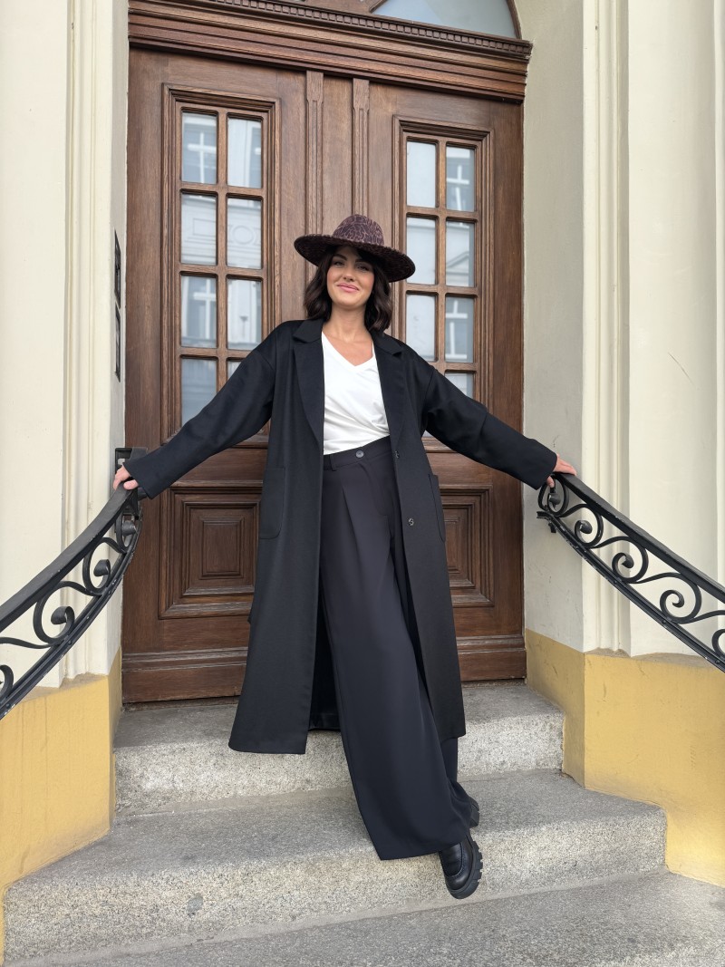 Miniatura produktu Długi Wełniany Płaszcz czarny z domieszką kaszmiru i paskiem York Black&Wool